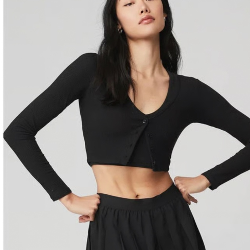 Alo Yoga Ribbed Cropped Whisper Cardigan, Black Size = XS